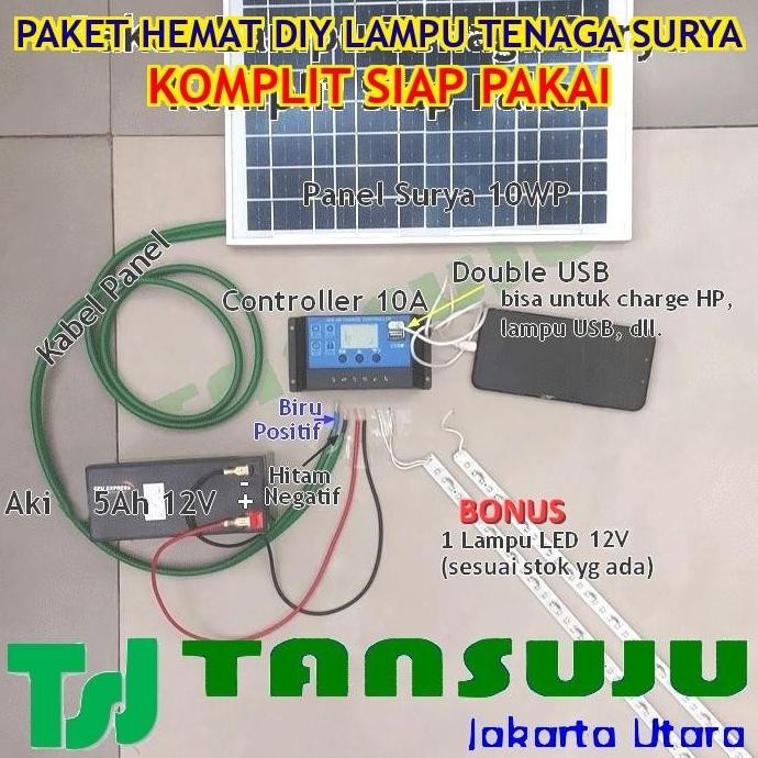 ready Paket Hemat Komplit Siap Pakai Lampu Solar Cell 10WP Controller 10A Aki 12V 5Ah Bonus Lampu LE