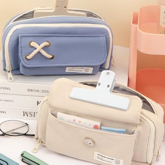 

JH8 HC Tempat Pensil Model Pita Silang Kotak Pensil Tali Rami Ritsleting Ganda Bahan Kanvas Pouch Tempat Alat Tulis Perlengkapan Sekolah Kantor Dua Sisi Resleting