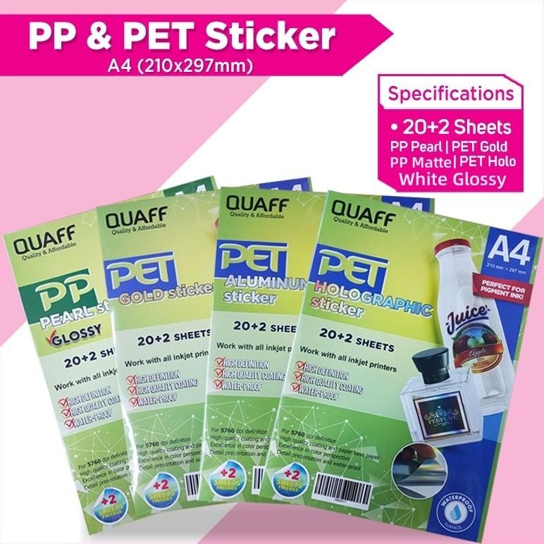 

JH8 Quaff Kertas Stiker Vinyl Inkjet Anti Air A4 Size 22 Sheets Per Pack PET Holographic / PET Gold / PP Pearl(Glossy) / PP Matte / Glossy Sticker