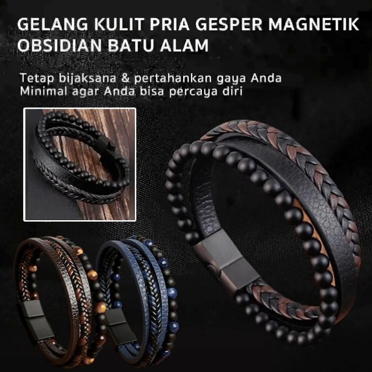 100% AsliGelang Kulit Gesper Magnetik Obsidian Hitam Batu Alam Gelang Pria Batu Keren MURAH