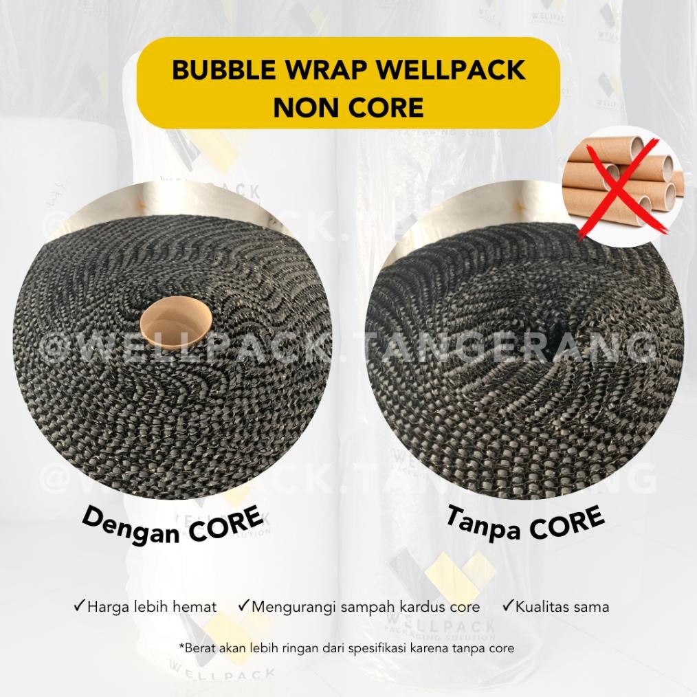 

JH8 Bubble Wrap Roll Packing Non Core / Coreless / Tanpa Core - Hitam & Bening - 3kg / 2,7kg /2,4kg - merek Wellpack(WP setara MP GMP) 125 x 50m / 125cm x 50m