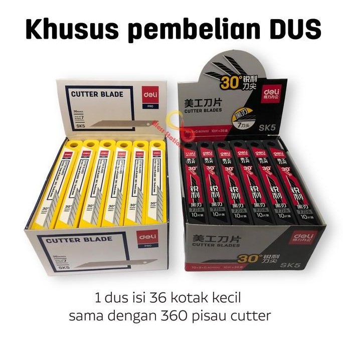 

ready !!! isi cutter 30 derajat DELI isi ulang cuter runcing Refill Cutter Blade 30 Degree (DUS=36box)