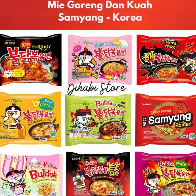 

Ready Samyang Mie Instan Hot Chicken Ramen Original , Buldak Carbonara , Extra Hot , Cheese , Jjajang , Ramen , Stew , Mala , Korea PM