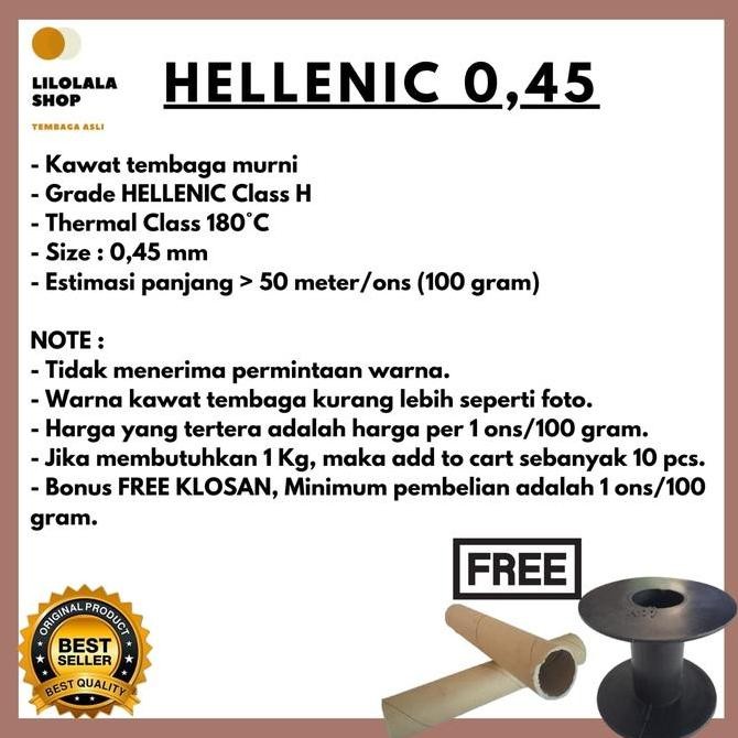 JH8 KAWAT TEMBAGA EMAIL 0,45 HELLENIC 0,45 0.45 mm GULUNG DINAMO TRAFO TAMIYA GENERATOR SPULL (per O