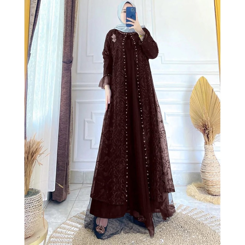 COD Lidya drees fashion muslim wanita masakini, gamis brukat terbaru desain elegan / gamis pesta