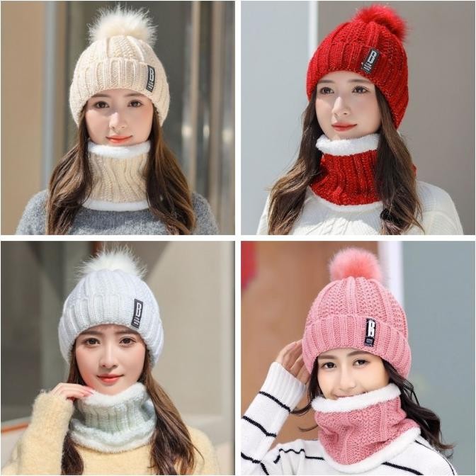 Topi Kupluk Syal Rajut Beanie Set Pompom Winter Korea Import Wanita