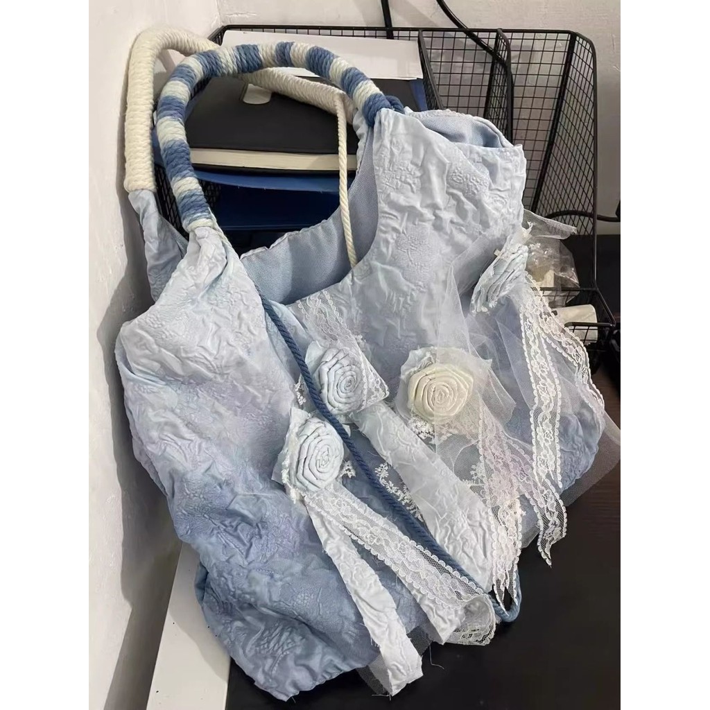 Tas Bahu Wanita Vintage Satin Tie-Dye Mawar Awal Musim Panas Biru Berlipit