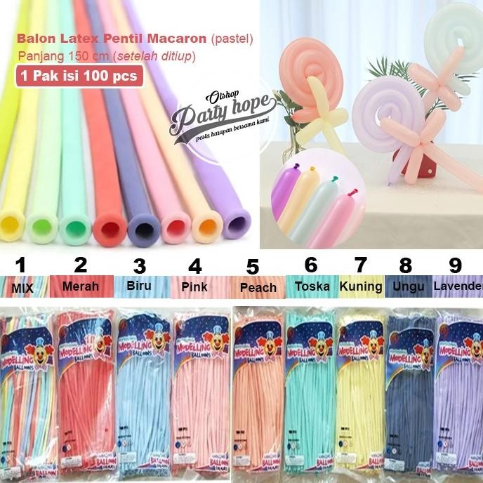 Balon Latex Pentil Macaron Pastel Isi 100 / Balon Karet Twist Pastel