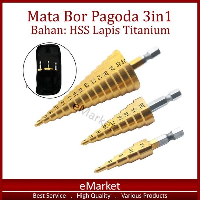 Mata Bor Pagoda 3in1 / Bahan HSS Lapis Titanium / Pouch