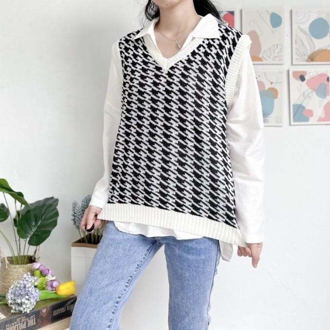 Houndstooth Knit Outer Sweater Vest Rajut Street Style Tanpa Lengan Termurah