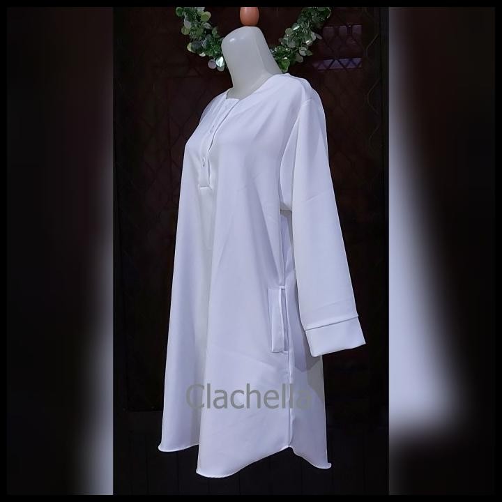 Clachella Baju Tunik Putih Motif Polos, Baju Atasan Wanita Kasual Best Seller