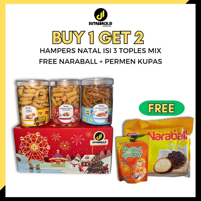 

Tebus murah gembira tahun baru Buy 1 Get 2 Hampers natal isi 3 toples Free narabal+permen kupas