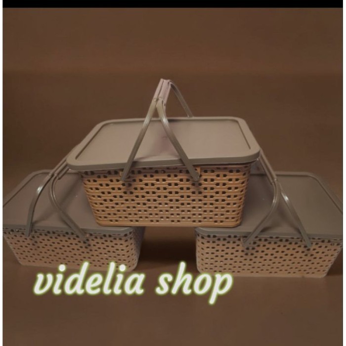 DISKON 12PCS KERANJANG SEGI PEGANGAN UNTUK HAJATAN COKLAT PLASTIK SERBAGUNA PAKAI TUTUP KERANJANG