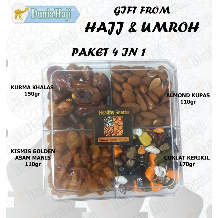 

Paket Haji Umroh 4 In 1 Kurma Kacang Almond Coklat Kerikil Kismis