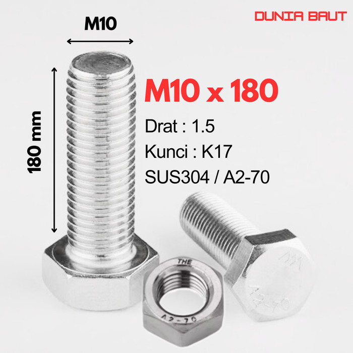 Baut Hex Stainless M10X180 - Baut Hexagon 10X180 / M10 X 180 / 10 X 180  SS304 / SUS304 / A2-70 Full