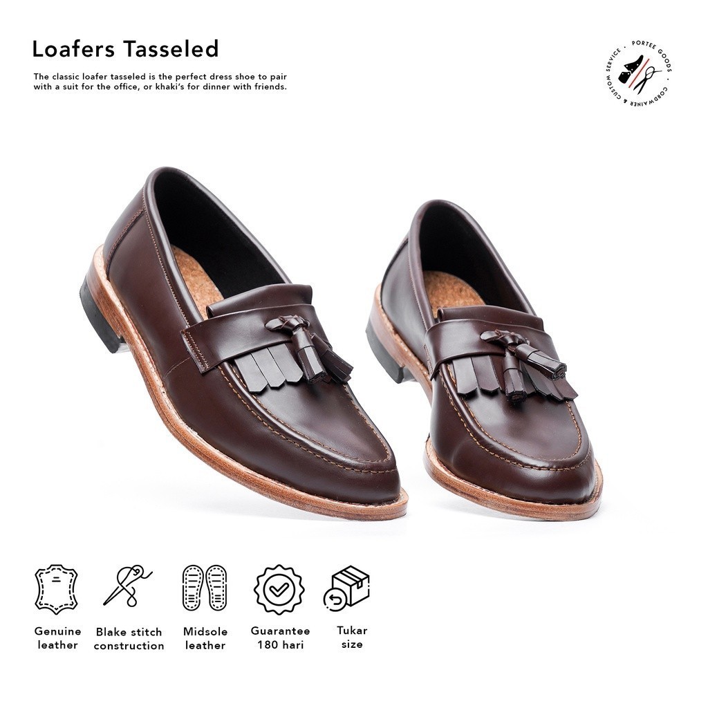 Portee Goods Sepatu Kulit Kerja Pria Loafers Tasseled Oxblood