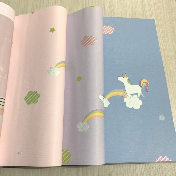 TERBARU Wallpaper Vinyl Kids Kamar Anak unicorn pelangi lilac pink biru ungu