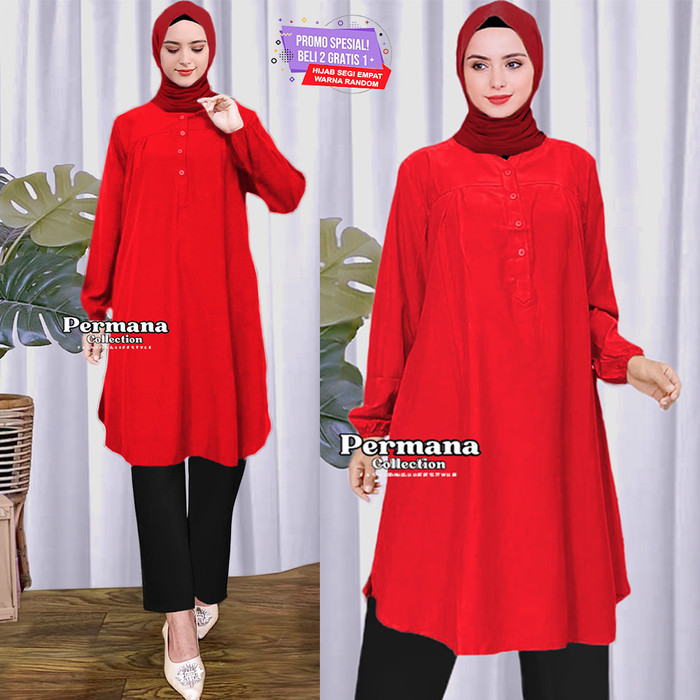 REDI STOK KAKAK SIAP KIRIM Atasan Wanita Lengan Panjang Baju Kemeja Muslim Tunik Warna Merah Kode