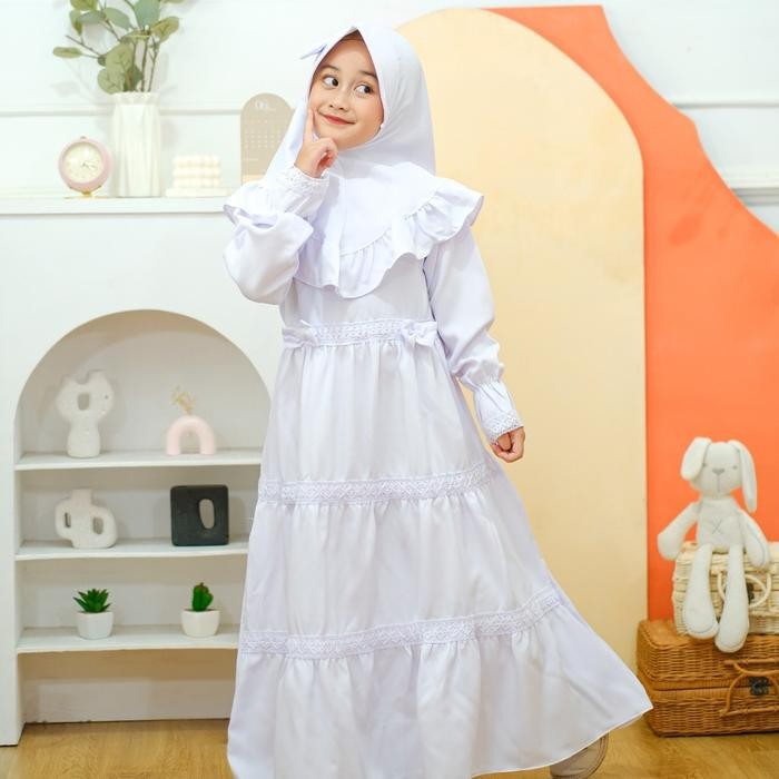 NAZWA DRESS GAMIS PUTIH MEWAH ANAK PEREMPUAN SET HIJAB INSTAN CREPE PREMIUM KOMBINASI RENDA 2-14 THN