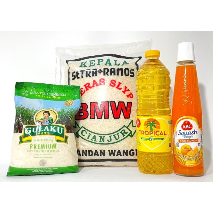 

PAKET SEMBAKO PREMIUM ( BERAS, GULA, MINYAK 1LITER, SIRUP ABC)