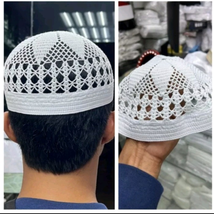 Peci Peci Rajut Tahfidz Impor Madinah Saudi Motif Bangladesh - Putih, 21,5 berkualitas premium origi