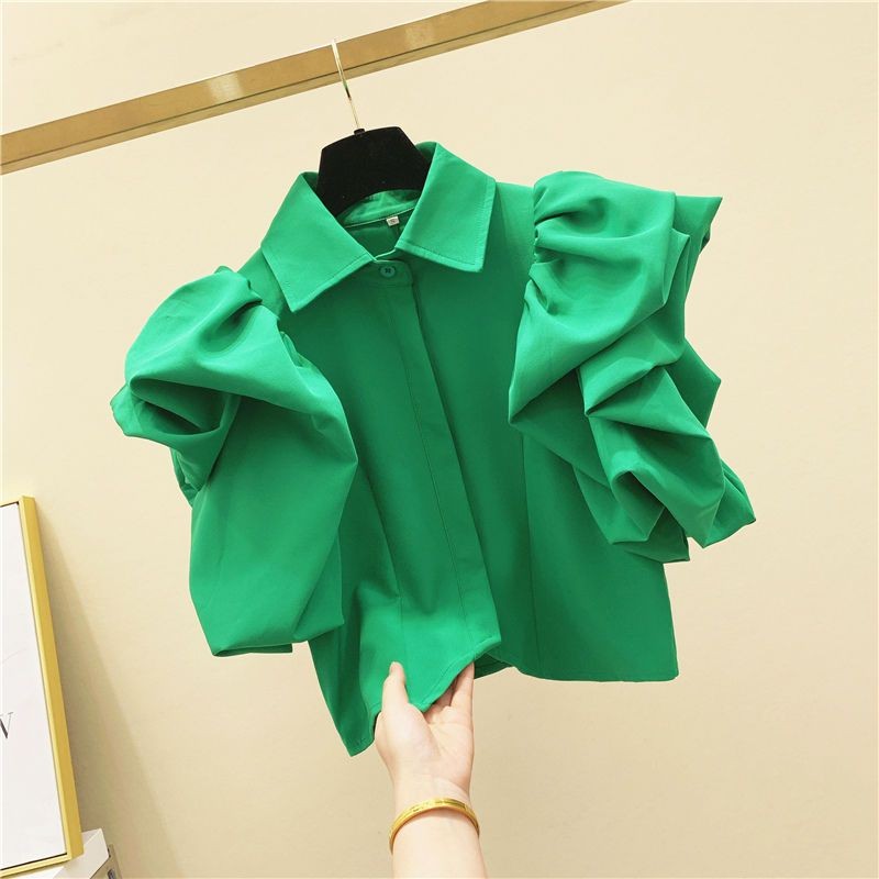 Kemeja Pendek Longgar Sifon Lengan Puff, Lengan Pendek