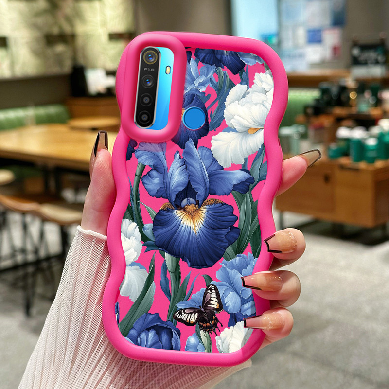 Casing Hp Untuk Realme 5 5i 5s 6i 7i C17 C15 C2 C2s OPPO A1K Case Casing pola biru dan bunga putih K