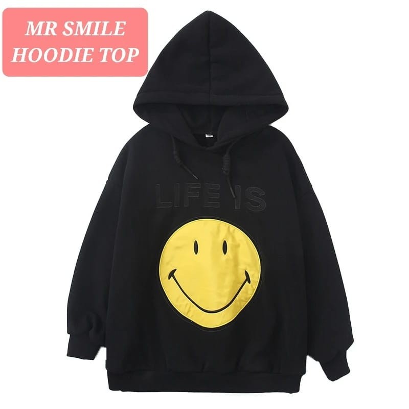 Ready Stock Mr Smile Hoodie Top Black Jaket Sweater Outer Casual Anak Remaja Cewek Cowok Korea
