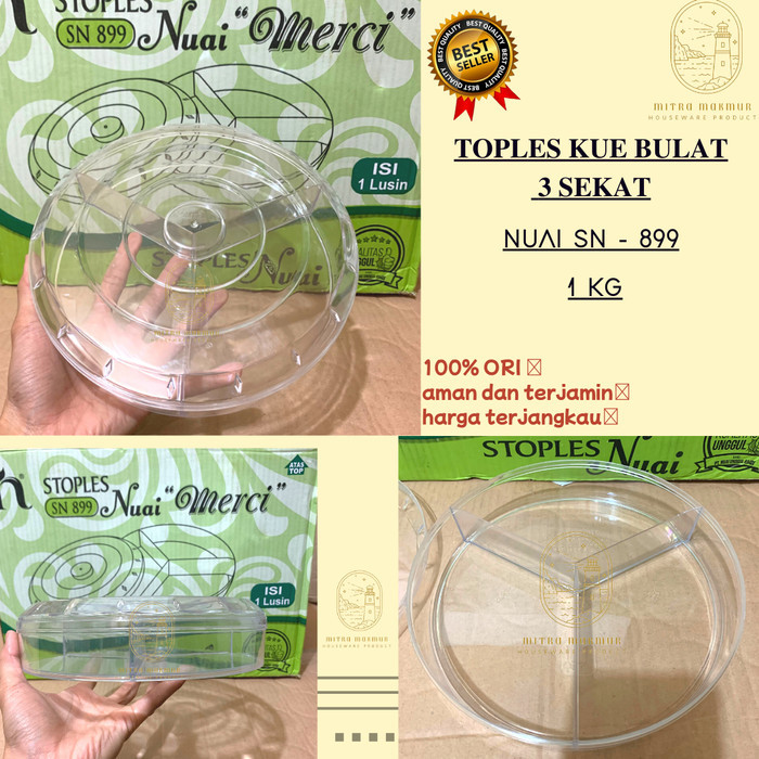 Toples Kue Kering Bulat 3 Sekat Nuai Sn-899 / Toples Lebaran @ 1 Lusin