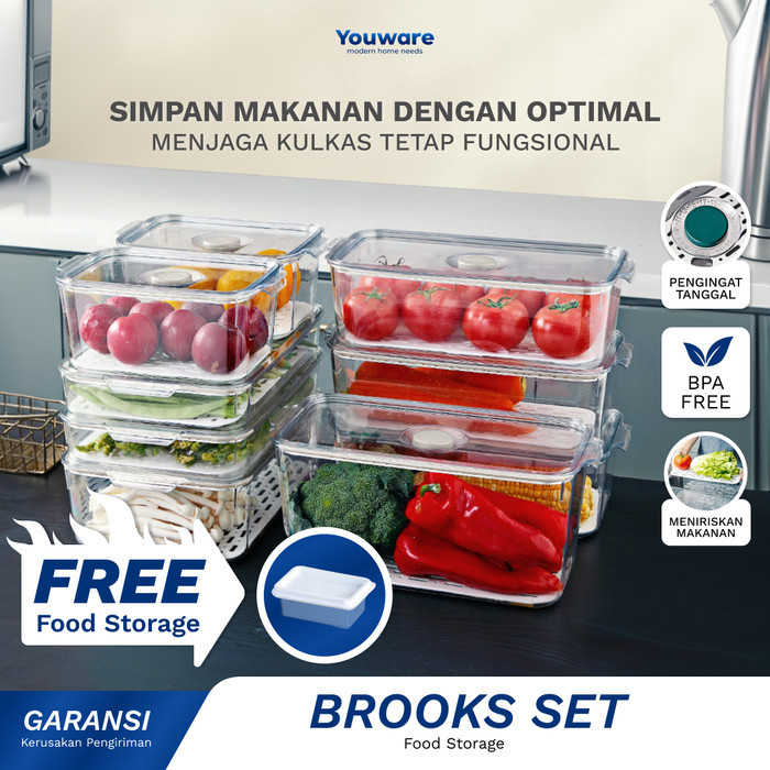 Youware - BROOKS (SET BUNDLING) Storage kulkas dengan aplikator penanggalan / Wadah Sayur /