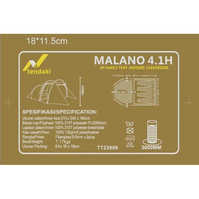 Tendaki Malano 4.1 - Malano 4.1H Tenda Camping Family Kapasitas 4-5