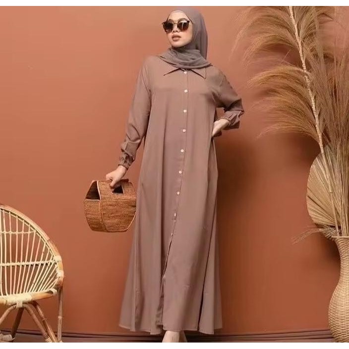 Gamis Polos Full Kancing Rayon Twill Wanita Premium Lengan Panjang
