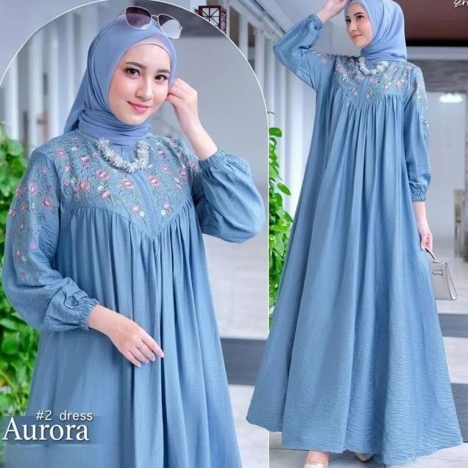 Gamis Wanita Crinkle Airflow Terbaru Aurora Bo Dress Bordir Putih Jumbo Ld 130 Cm Baju Kondangan Kek