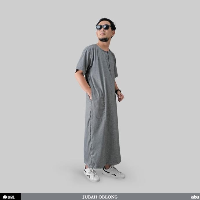 Jubah Oblong ROSAL Abu Tua Baju gamis pria al haramain lengan pendek tanpa kerah bahan Madinah Terla