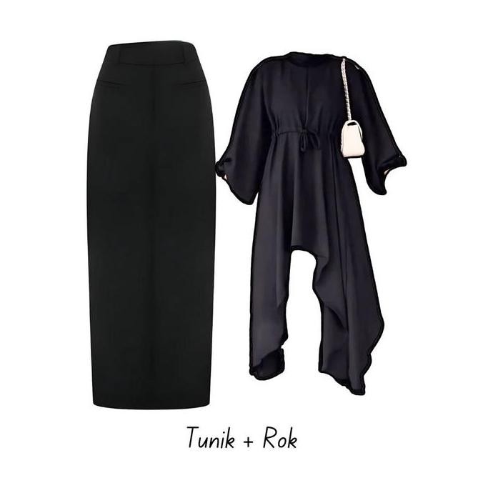 Terlaris One Set 3In1 Baju Panjang Tunik Hitam Rok Span Hitam Jilbab Bella | Ootd Outfit Oneset Leba