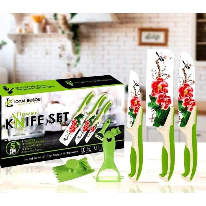 BERGARANSI FLOWER KITCHEN KNIFE SET 5 PCS - PISAU SET MOTIF BUNGA - PISAU DAPUR KODE 1433