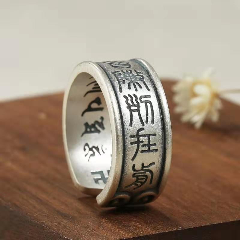 925Cincin Pria Perak Antik Enam Kata Mantra Ruyi Cincin Terbuka Mode Perak Murni Padat Cincin Jari K