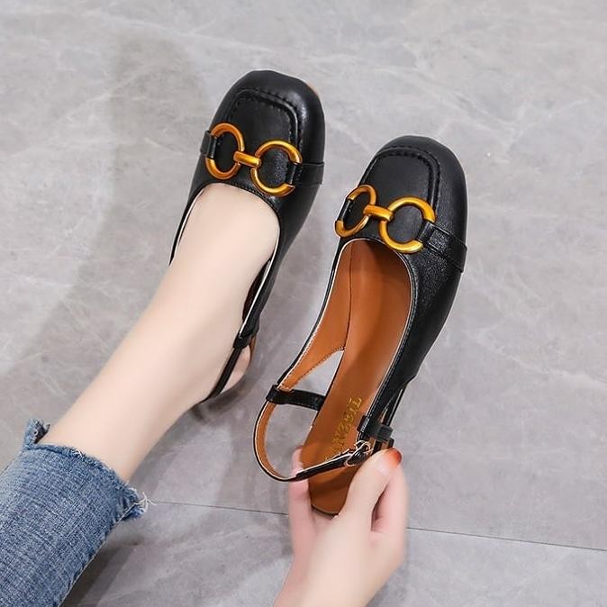 Sandal Flat Shoes Wanita Teplek Anti Licin Kulit Tali Belakang Branded Lisaputria14