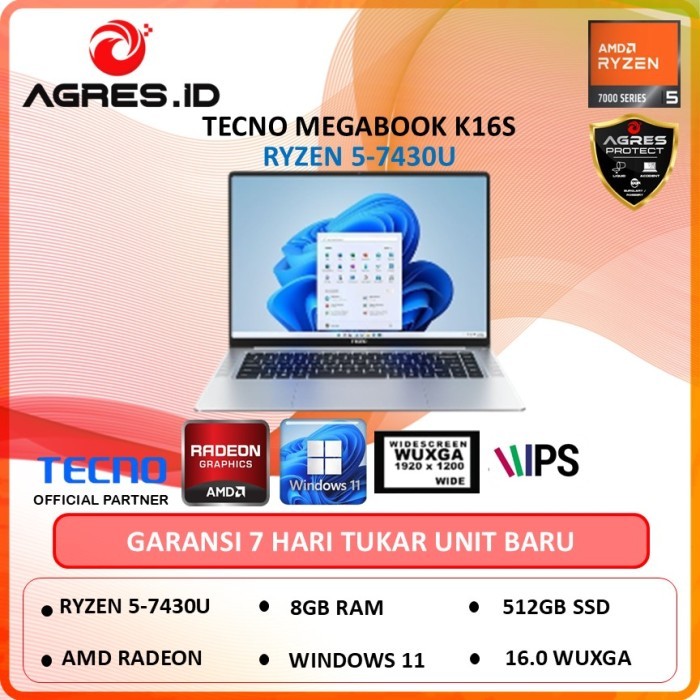 Tecno Megabook K16S Ryzen 5 7430U 8Gb 512Gb 16"Wuxga