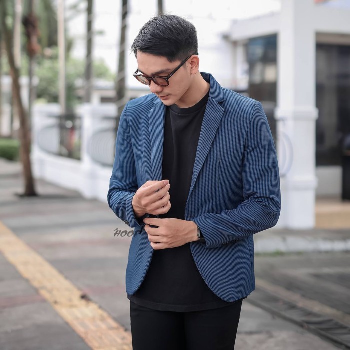 Jas pria blazer motif slimfit casual hunstman Biru