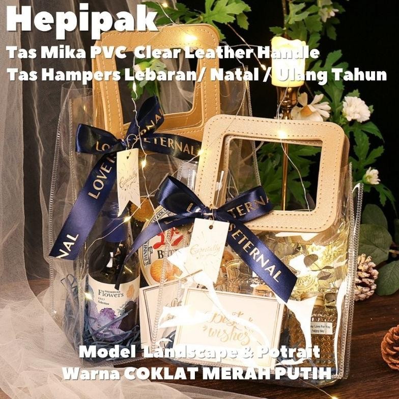 

TERLARIS (Harga 10 Pcs) Tas Mika PVC Bening Gagang Kulit / Transparan Hampers Gift Bag Ulang Tahun Lebaran Imlek Natal Premium gd-90