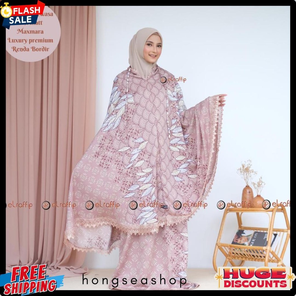 Elraffip-Mukena Dewasa 2In1 Satin Motif Luxury Printing Premium Kombinasi Renda Diskon