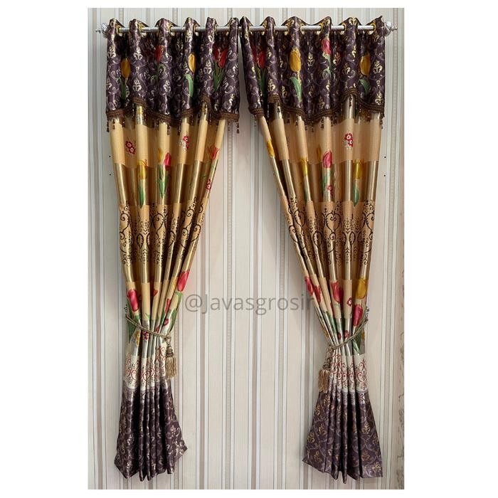 Promo Gorden Blackout Import Poni Tempe 12 Smokring / 6 Gelombang Gorden Blackout Motif Tinta Emas