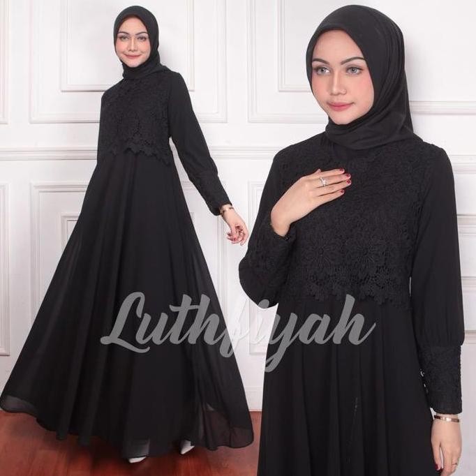 Gamis Cantik Model Payung Kombinasi Brukat Polos Bunga Putih brokat muslim  wanita  mewah  Kancing P