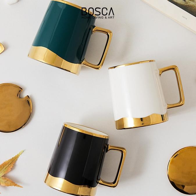 BOSCA LIVING - ORVILLE GOLD CERAMIC MUG SET / GELAS KERAMIK GOLD DENGAN TUTUP / SET MUG KERAMIK ELEG