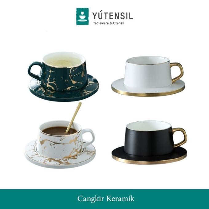 CANGKIR GELAS MUG CUP KERAMIK SET MARBLE HITAM PUTIH GOLD KOPI TEH