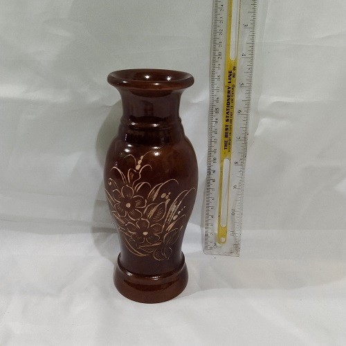 Produk Terbaru ! Pot / Vas Bunga Bahan Kayu Jati Model Guci Warna Natural Gloss Motif Ukiran Dijual