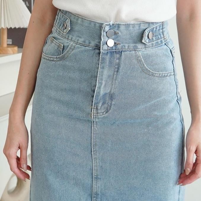 [Beevalue] Midi Split Skirt Rok Jeans Highwaist Dua Kancing Variasi Belt Bahan Premium | Rok Jeans B