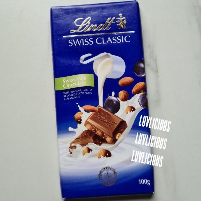 

LINDT SWISS CLASSIC SWISS MILK CHOCOLATE RAISIN HAZELNUT ALMOND COKLAT Berkualitas