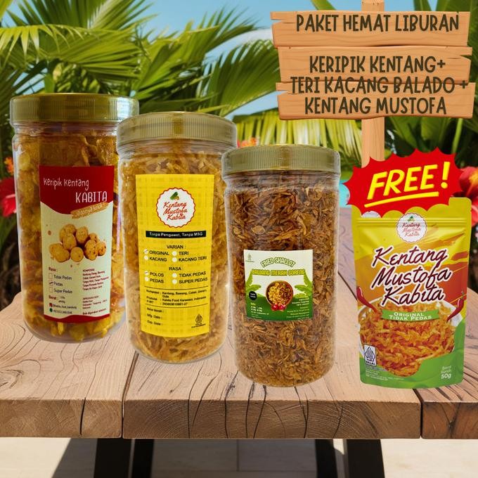 

PAKET BEKAL HEMAT LIBURAN 1 (KERIPIK KENTANG 250T, KMK ORI 320T, BAWANG MERAH GORENG 350T) FREE KMK ORI 50G ORIGINAL